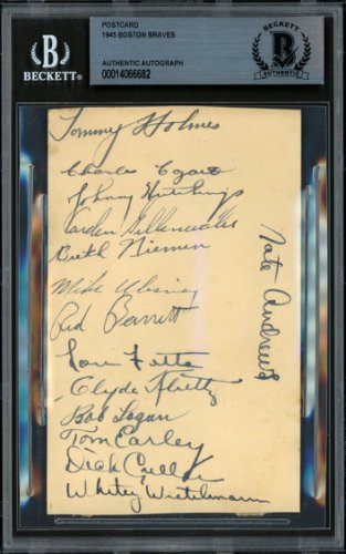 1945 Boston Braves Autographed Signed 3.25X5.5 Government Postcard With 14 Signatures Beckett Beckett 