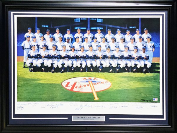 1961 New York Yankees Autographed Signed Framed 24X36 Lithograph Photo With 34 Signatures Including Mickey Mantle & Yogi Berra #535/1000 PSA/DNA 