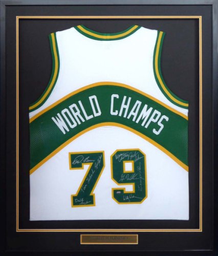 1978-79 NBA Champion Seattle Supersonics Autographed Signed Framed White Jersey With 9 Signatures Including Fred Brown & Lenny Wilkens Mcs Holo #149144 
