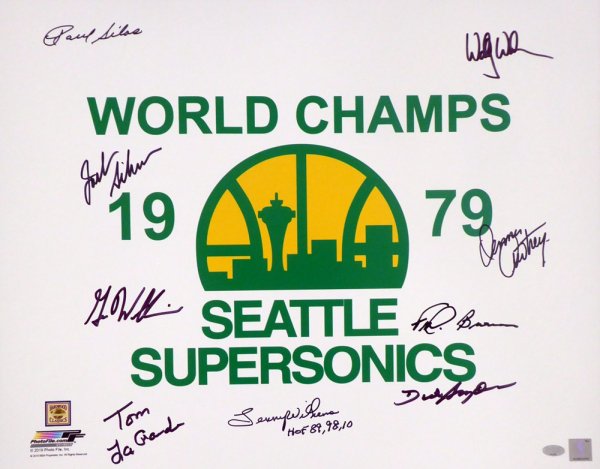 1978-79 NBA Champions Seattle Supersonics Multi Signed Autographed 16X20 Photo With 9 Signatures Including Fred Brown & Lenny Wilkens "HOF 89, 98, 10" Mcs Holo #145853 