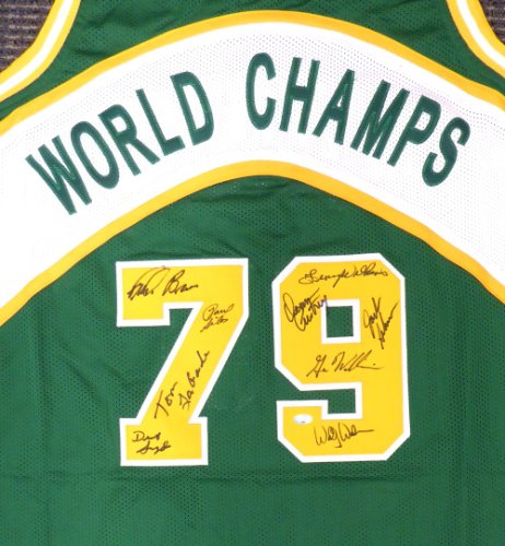 1978-79 NBA Champions Seattle Supersonics Multi Signed Autographed Green Jersey With 9 Signatures Including Fred Brown & Lenny Wilkens Mcs Holo #145849 