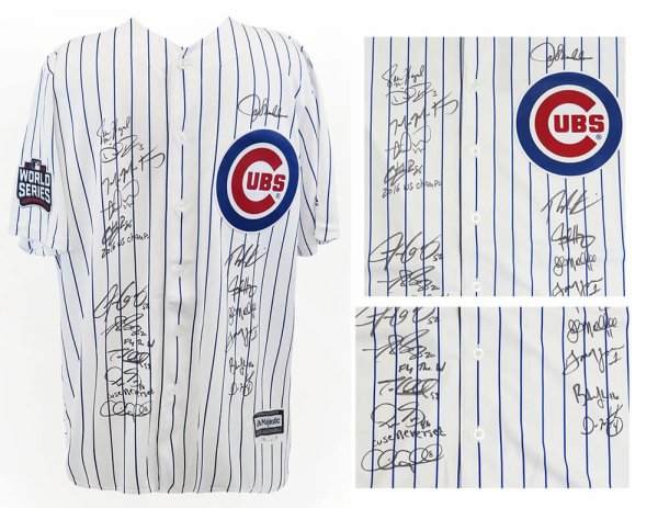 David Ross Autographed Signed Chicago Cubs White Pinstripe Gold World  Series Champs Majestic Jersey w/16 WS Champs