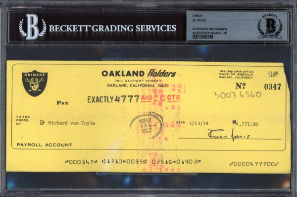 Al Davis Autographed Signed Check Oakland Raiders Owner Auto Grade Gem Mint 10 Beckett Beckett 