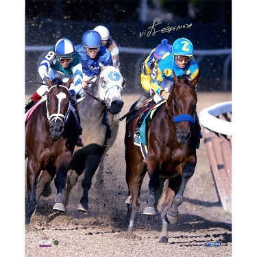 American Pharoah Autographed Signed 16x20 Photo 2015 Belmont Stakes Ahead of Pack Horse Racing Triple Crown w/ Victor Espinoza- Steiner Holo 