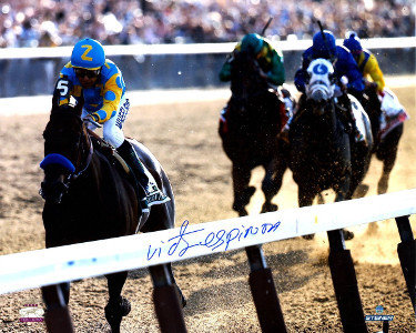 American Pharoah Autographed Signed 16x20 Photo 2015 Belmont Stakes Final Stretch Horse Racing Triple Crown w/ Victor Espinoza- Steiner Holo 
