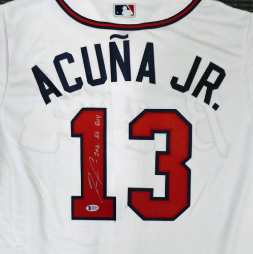 Atlanta Braves Ronald Acuna Jr. Autographed Signed Majestic Cool Base White Jersey Size L "2018 Nl Roy" Beckett Beckett