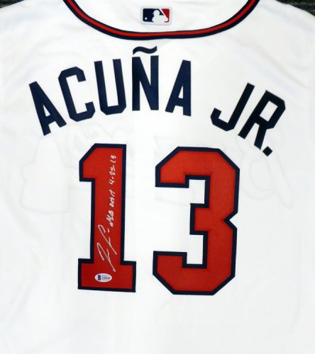 Atlanta Braves Ronald Acuna Jr. Autographed Signed Majestic Cool Base White Jersey Size L "MLB Debut 4-25-18" Beckett Beckett