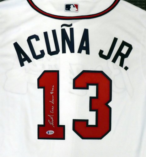 Atlanta Braves Ronald Jose Acuna Blanco Jr. Autographed Signed Majestic Cool Base White Jersey Size L "Full Name" Beckett Beckett