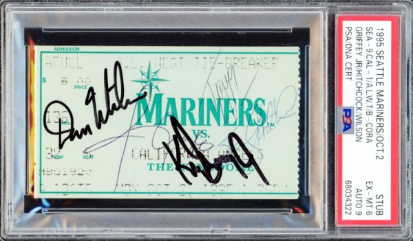 Autographed Signed 1995 Al West Tie Breaker Ticket Stub Seattle Mariners PSA Auto Grade Mint 9 With 4 Signatures Including Ken Griffey Jr. & Dan Wilson PSA/DNA 