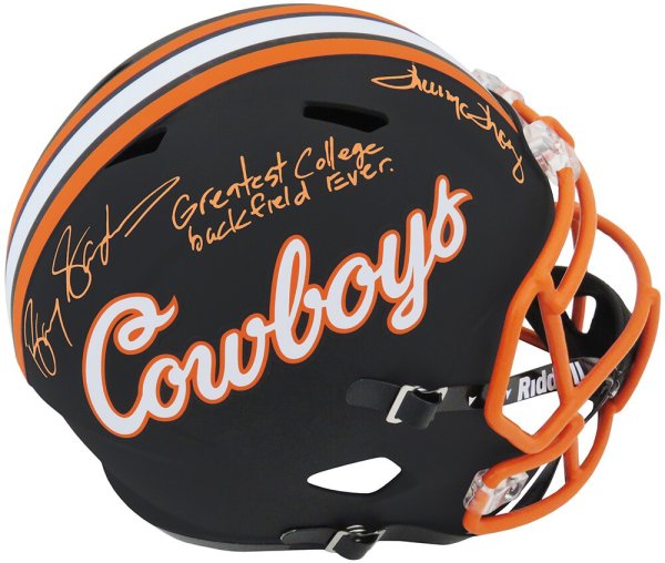 Barry Sanders & Thurman Thomas Autographed Signed Oklahoma State Black Riddell F/S Replica Helmet w/Greatest College Back Field Ever 