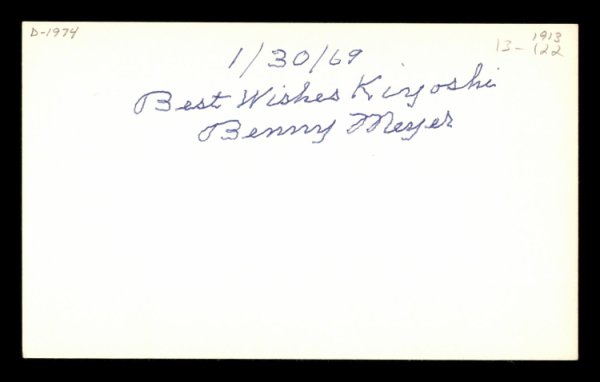 Benny Meyer Autographed Signed 3X5 Index Card Brooklyn Dodgers "Best Wishes Kiyoshi" #174057 