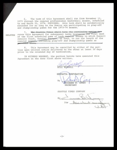 Bill Russell Autographed 1973-74 Newspaper Contract Boston Celtics Beckett Beckett