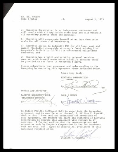 Bill Russell Autographed Signed 1975 Tv Contract Boston Celtics Beckett Beckett 