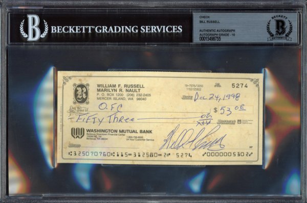 Bill Russell Autographed Signed Check Boston Celtics Auto Grade Gem Mint 10 Beckett Beckett 