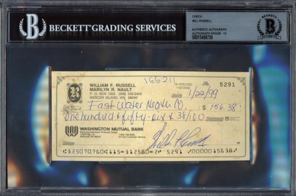 Bill Russell Autographed Signed Check Boston Celtics Auto Grade Gem Mint 10 Beckett Beckett 