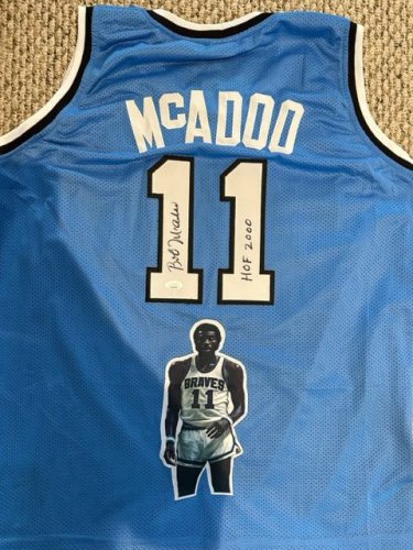 Bob McAdoo Signed Braves Blue Jersey With Basketball vs Celtics 8x10 Photo