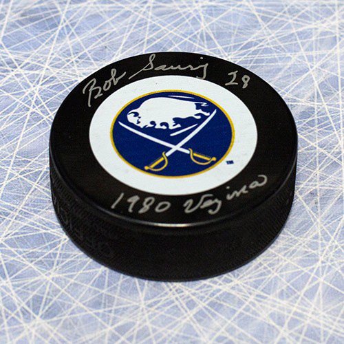 Bob Sauve Autographed Signed Buffalo Sabres Hockey Puck with 1980 Vezina Note