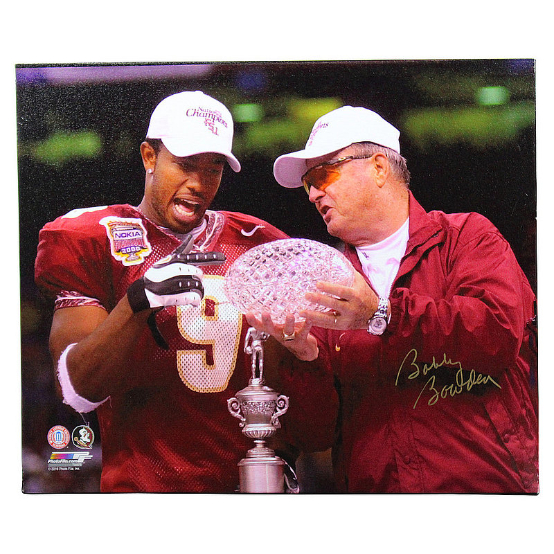 Bobby Bowden Signed FSU Holding Championship Trophy w/Peter Warrick 24x20 Canvas