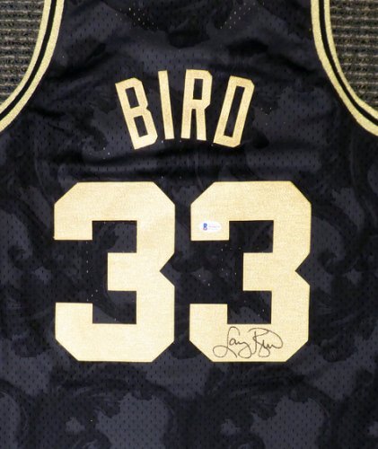 Boston Celtics Larry Bird Autographed Signed Black Mitchell & Ness Gold Toile Swingman Jersey Size L Beckett Beckett 