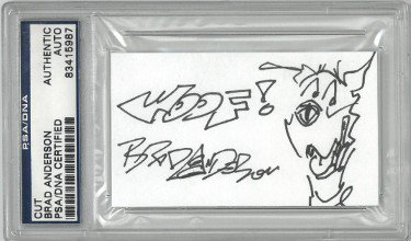 Brad Anderson Autographed Signed 3.5"x2" Cartoonist Cut Signature PSA # 83415987 Marmaduke Original Artwork w/ Woof! 