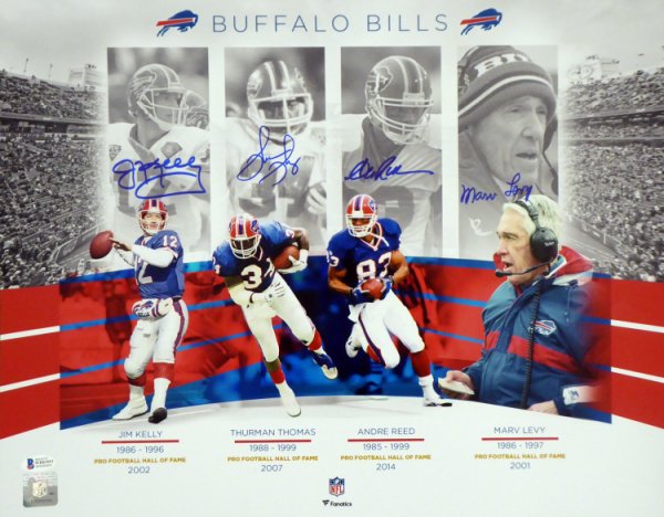Buffalo Bills Team Greats Autographed Signed 16X20 Photo With 4 Signatures Including Jim Kelly, Thurman Thomas, Andre Reed & Marv Levy Beckett Beckett 