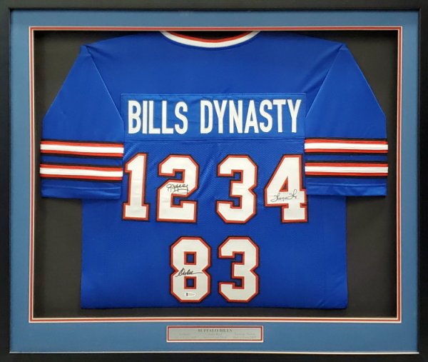 Buffalo Bills Team Greats Autographed Signed Framed Blue Jersey With 3 Signatures Including Jim Kelly, Thurman Thomas & Andre Reed Beckett Beckett 