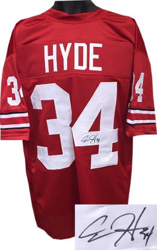 Carlos Hyde Autographed Signed Red Custom Stitched Football Jersey #34 XL number bleed- JSA Hologram 