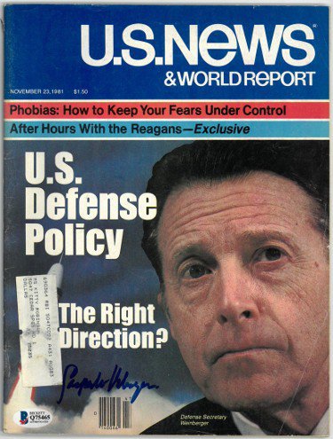 Caspar Weinberger Autographed Signed U.S. News & World Report Full Magazine 11/23/1981- Beckett/BAS #Q75465 