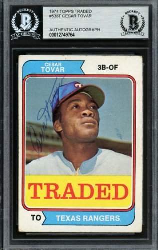 Cesar Tovar Autographed 1974 Topps Traded Card #538T Texas Rangers Beckett Beckett
