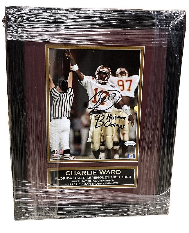 Charlie Ward Autographed Florida State Seminoles Framed 8x10 Go for 2 Photo with "93 Heisman Champs" Inscription Signed in Gold & Nameplate 