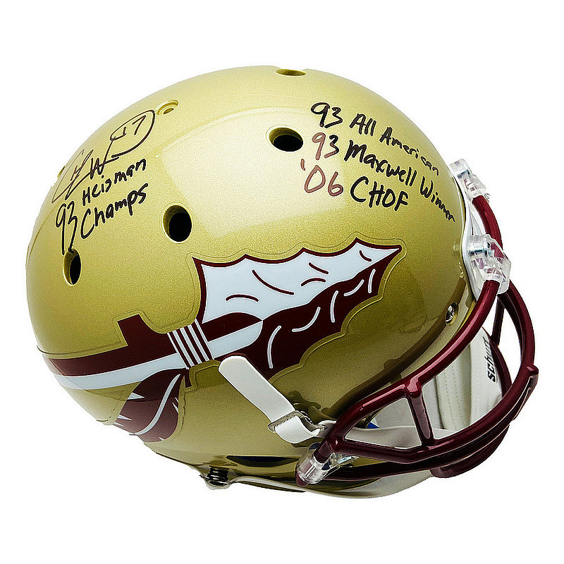 Florida State Seminoles Heisman Trophy Winners Jameis Winston, Chris Weinke  & Charlie Ward Autographed Gold Chrome Speed Mini Helmet With Inscriptions  Beckett BAS Stock #181853