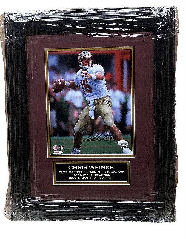 Chris Weinke Autographed Signed Florida State Seminoles Framed 8x10 Windup in White Jersey Photo with Nameplate 