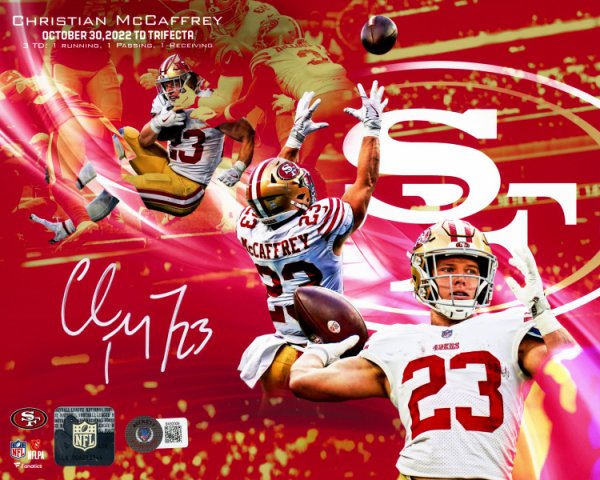 Christian Mccaffrey Autographed Signed 8X10 Photo San Francisco 49Ers Rushing, Receiving & Passing Touchdown Trifecta Collage Beckett Beckett Qr #224392 