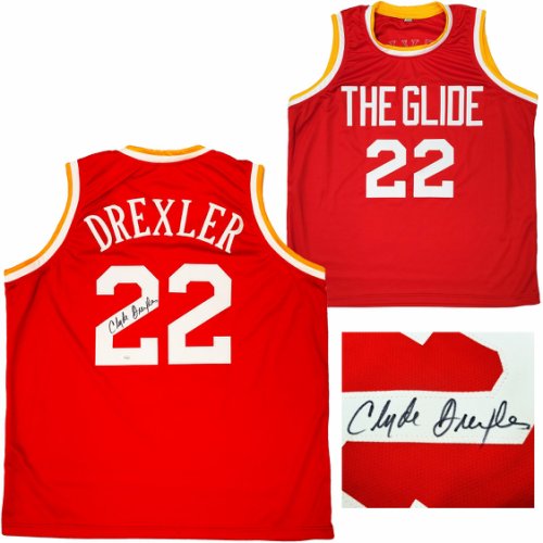 Press Pass Collectibles Blazers Clyde Drexler HOF 04 Signed Red Mitchell & Ness Jersey BAS Witnessed