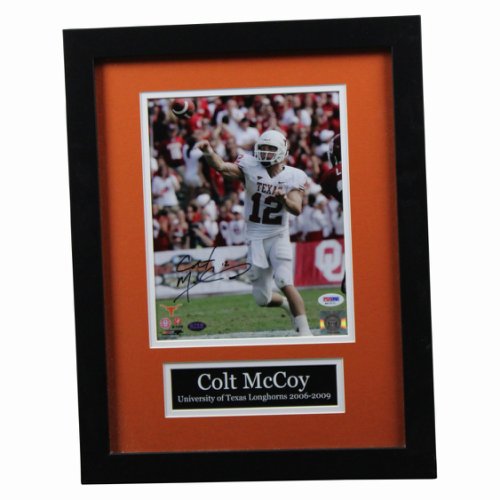 Colt McCoy Autographed Signed Texas Longhorns Framed Red River Rivalry Throwing in White Jersey 8x10 Photo With Nameplate - PSA/DNA Authentic 