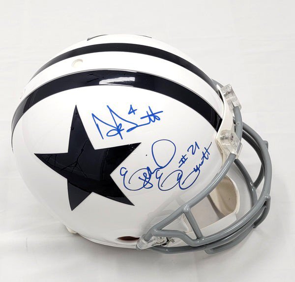 Dak Prescott & Ezekiel Elliott Autographed Signed Dallas Cowboys Riddell White Throwback Pro Line Authentic Helmet Beckett Witness 