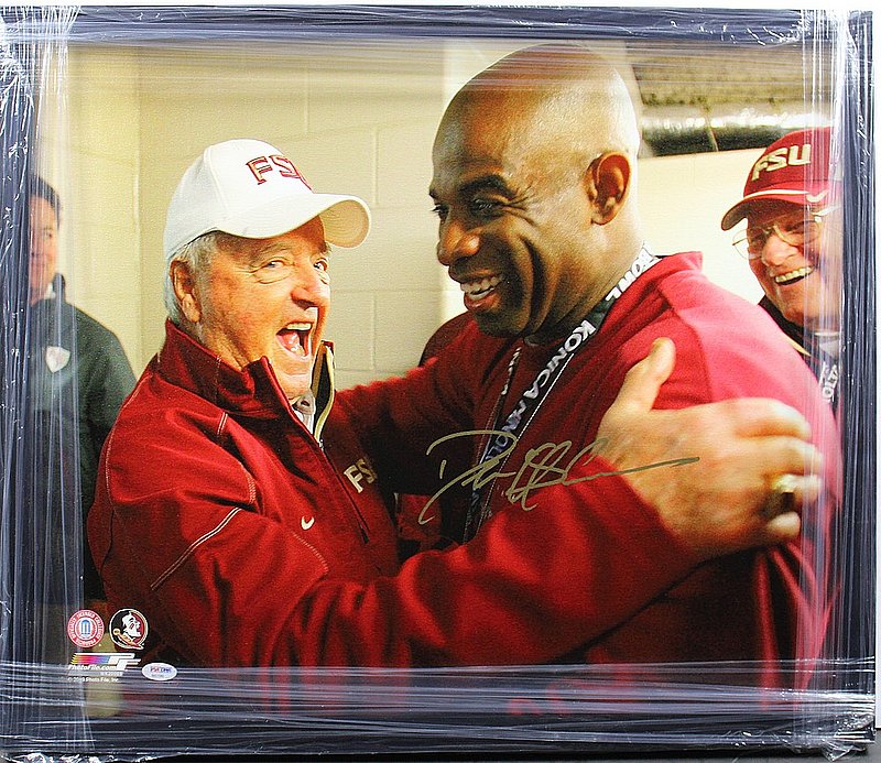 Deion Sanders Autographed Signed FSU Framed Hugging Bobby Bowden Canvas - PSA
