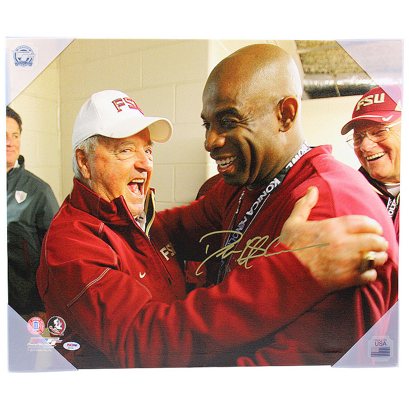 Deion Sanders FSU Seminoles Autographed Signed Canvas - Hugging Bowden Gold Paint - PSA 
