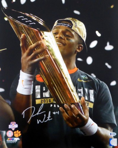 Deshaun Watson Autographed Signed 16X20 Photo Clemson Tigers Holding Trophy Beckett Beckett 