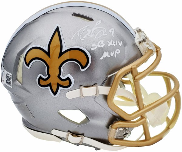 Drew Brees Autographed Signed New Orleans Saints Flash Silver Speed Mini Helmet "Sb Xliv MVP" Beckett Beckett Qr #197458 