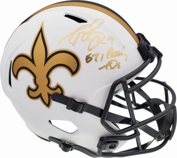 Drew Brees Autographed Signed New Orleans Saints Lunar Eclipse White Full Size Replica Speed Helmet "571 Passing Td's" Beckett Beckett 