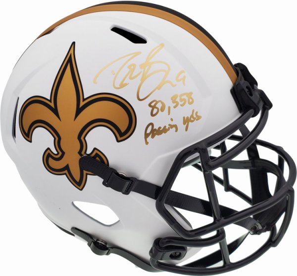 Drew Brees Autographed Signed New Orleans Saints Lunar Eclipse White Full Size Replica Speed Helmet "80,358 Passing Yds" Beckett Beckett 