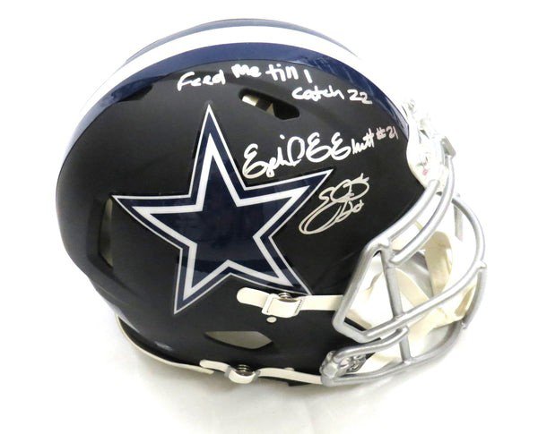 Emmitt Smith And Ezekiel Elliott Autographed Signed Dallas Cowboys Riddell Flat Matte Black Speed Authentic Helmet W/ Feed Me Till I Catch 22 Beckett Witness 