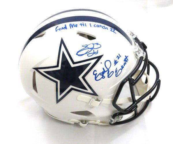 Emmitt Smith And Ezekiel Elliott Autographed Signed Dallas Cowboys Riddell Flat Matte White Speed Authentic Helmet W/ Feed Me Till I Catch 22 Beckett Witness 