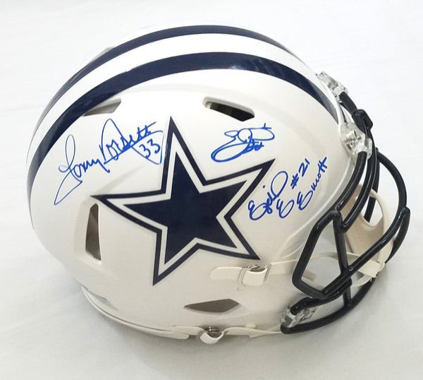 Emmitt Smith & Ezekiel Elliott & Tony Dorsett Autographed Signed Dallas Cowboys Riddell Flat Matte White Speed Authentic Helmet Beckett Witnessed 