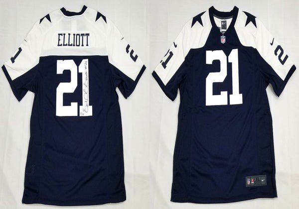 Ezekiel Elliott Autographed Dallas Cowboys Nike Blue Thanksgiving Day Jersey Beckett Witnessed