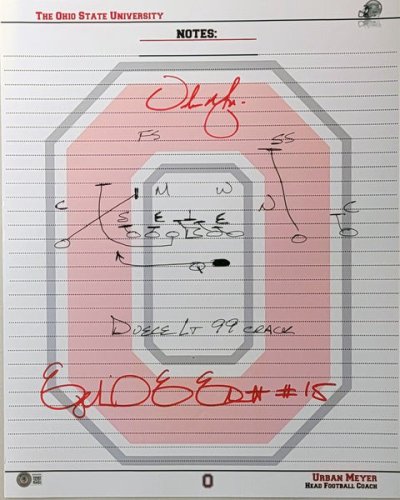 Ezekiel Elliott & Urban Meyer Autographed Signed Ohio State Buckeyes Playbook Diagram 16X20 Photo Of 85 Yard's Through The Heart Of The South Beckett Witnessed 