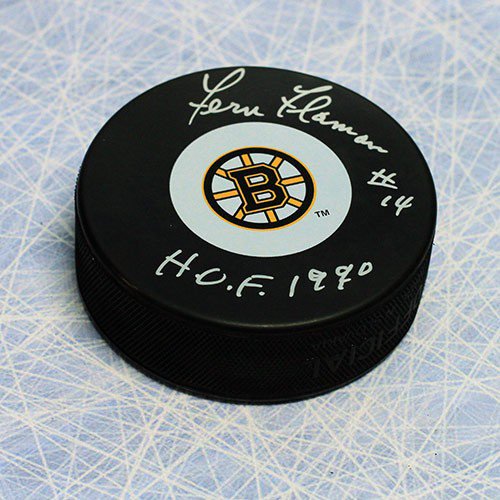 Fern Flaman Autographed Signed Boston Bruins Hockey Puck with HOF Note
