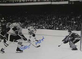 Fred Stanfield & Johnny Bucyk Dual Autographed Signed Boston Bruins Vintage 16x20 B&W Photo 