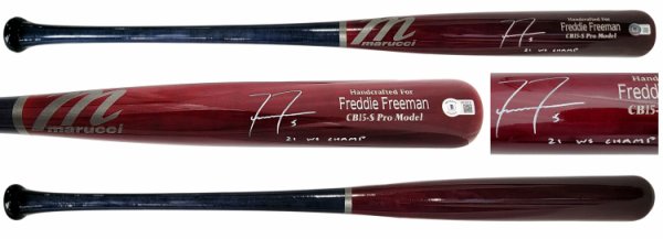 Freddie Freeman Autographed Signed Brown & Blue Marucci Game Model Bat Los Angeles Dodgers "21 Ws Champ" Beckett Beckett Qr #201178 